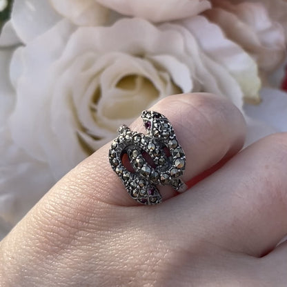 Unreleased: Art Deco Sterling Silver Ruby Eye Marcasite Double Snake Ring K