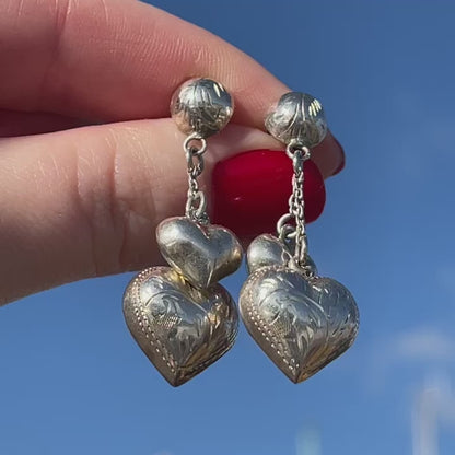 Vintage Silver Puffy Heart Charm Earrings