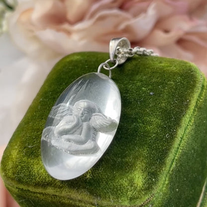 Unreleased: Sterling Silver Intaglio Angel Rock Crystal Pendant Necklace