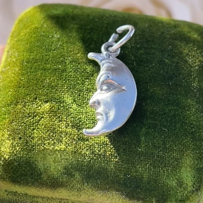 Sterling Silver Vintage Crescent Moon Face Charm Double Sided