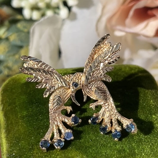 Vintage 9ct Yellow Gold Sapphire Hummingbird Bird Stud Earrings Rare 2.9g