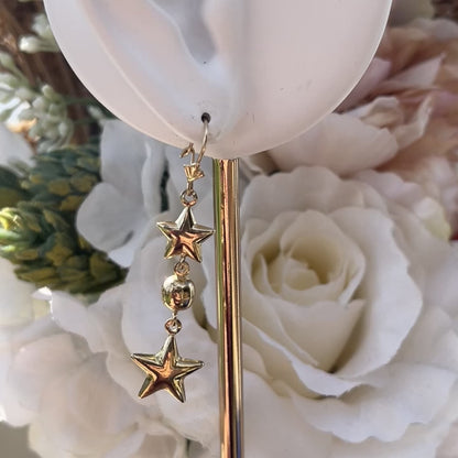 Vintage 9ct Yellow Gold Star Celestial Dropper Earrings Long Rare Moon 2.5g