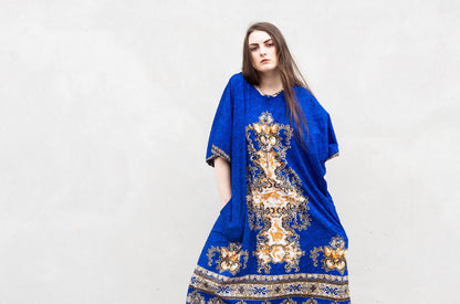 Blue & gold Dashiki style midi dress