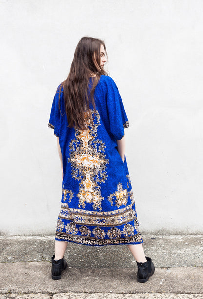 Blue & gold Dashiki style midi dress